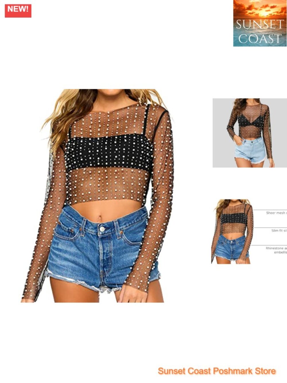 Women Pearl Rhinestone Mesh Crop Top Long Sleeve Sheer Sexy Clubwear Blouse